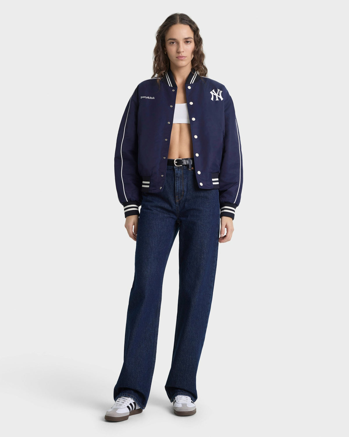 Sporty & Rich Yankees Curve Nylon Varsity Jacket - Navy/White