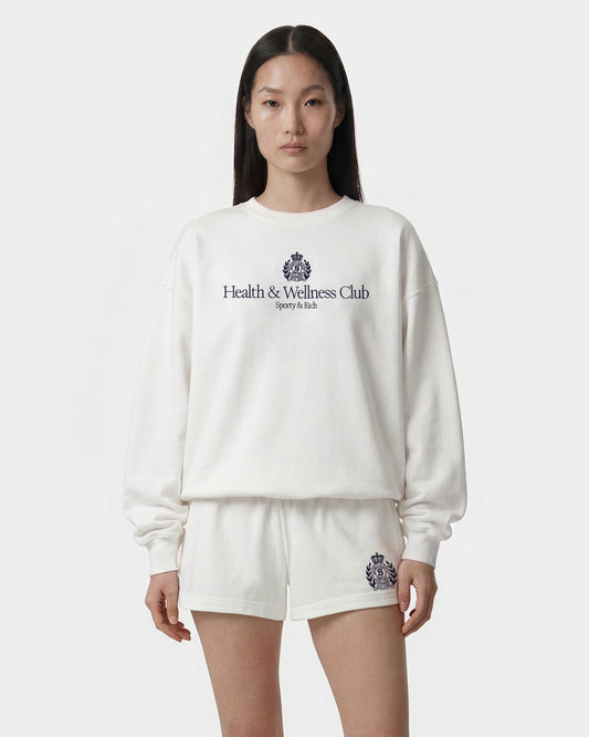 Sporty & Rich H&W Crest Embroidered Crewneck - White/Light Navy