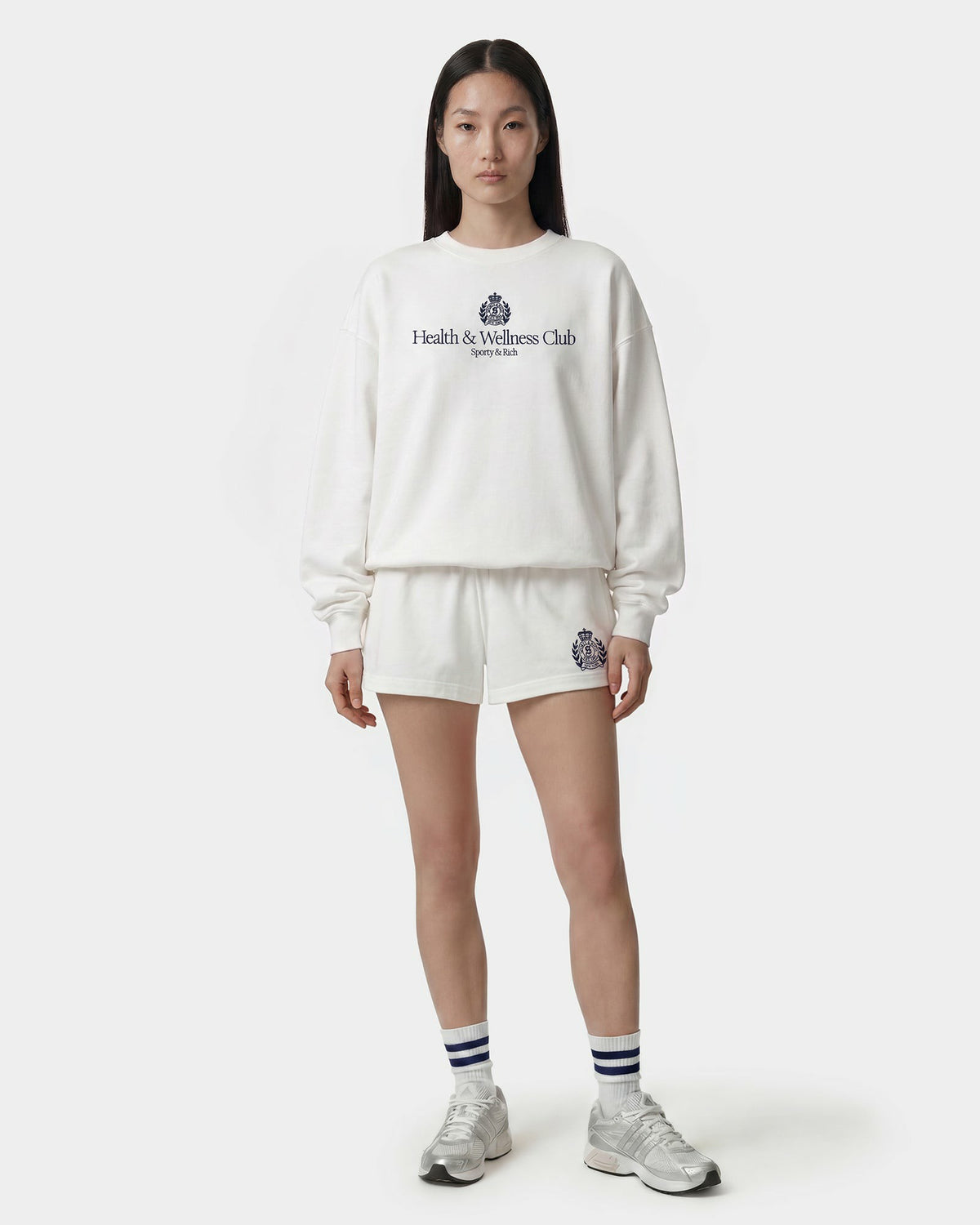 Sporty & Rich H&W Crest Embroidered Crewneck - White/Light Navy