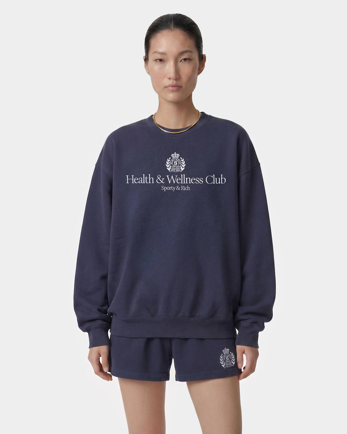 Sporty & Rich H&W Crest Embroidered Crewneck - Light Navy/White