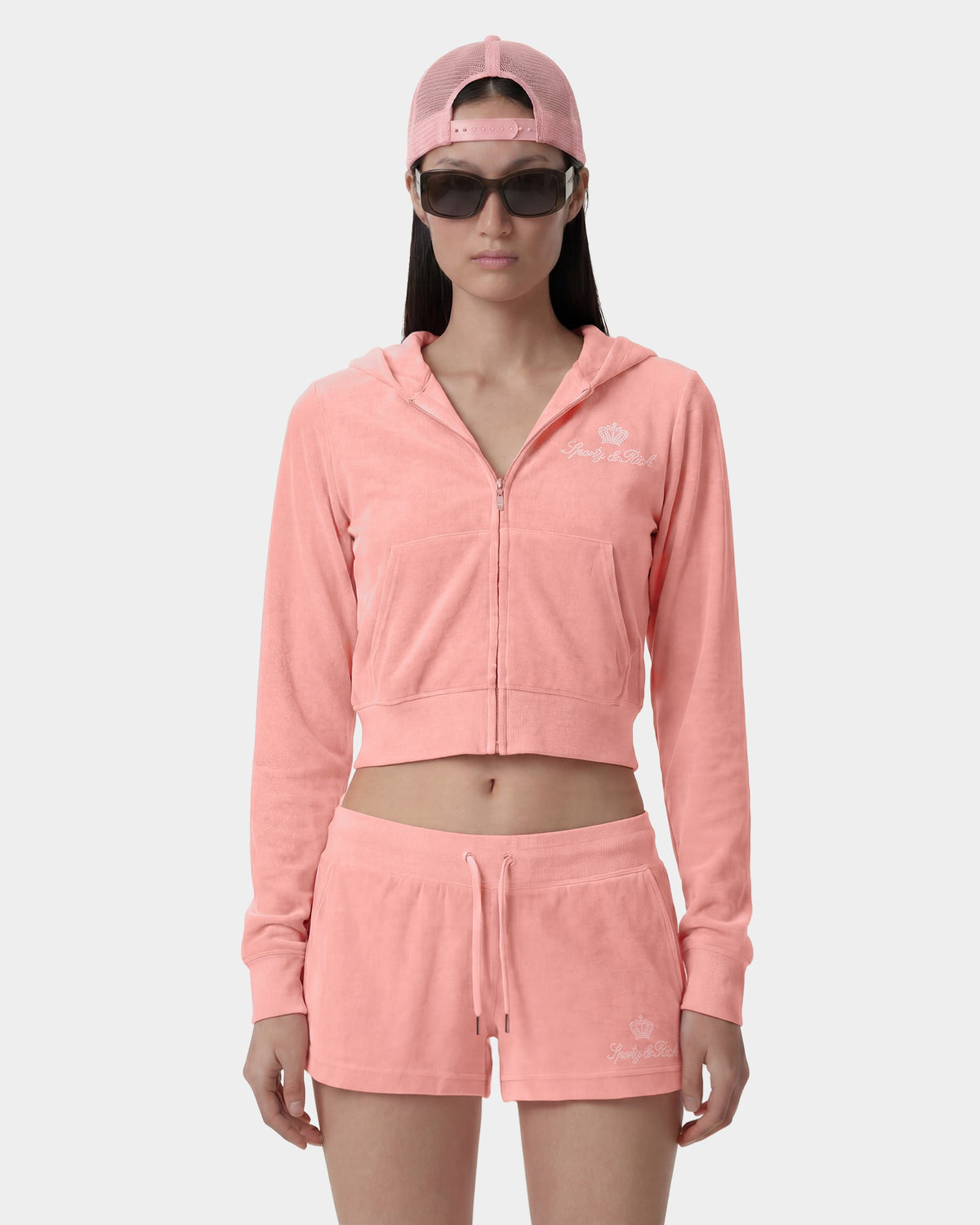 Sporty & Rich Juicy Script Velour Zip Hoodie - Rose