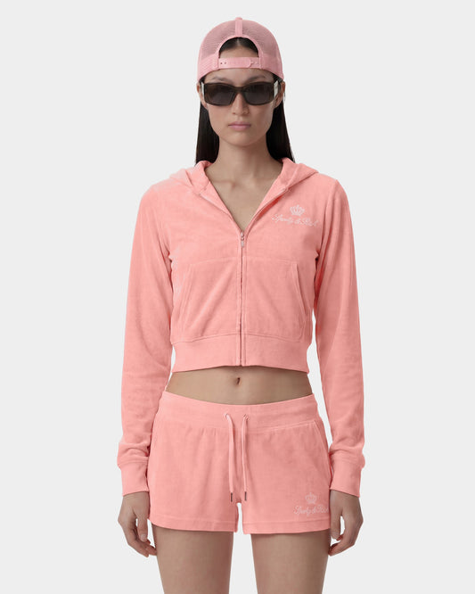 Sporty & Rich Juicy Script Velour Zip Hoodie - Rose