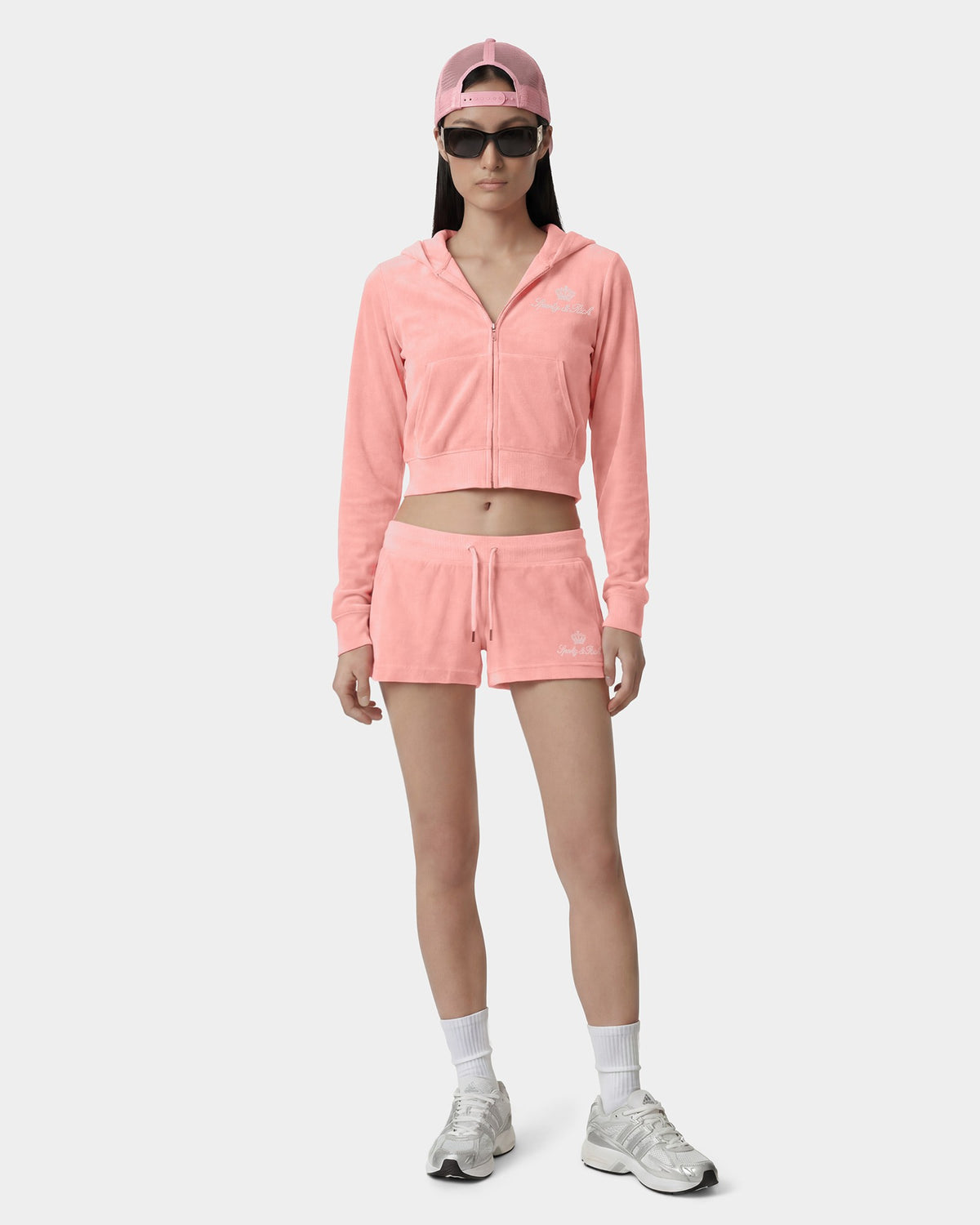 Sporty & Rich Juicy Script Velour Zip Hoodie - Rose
