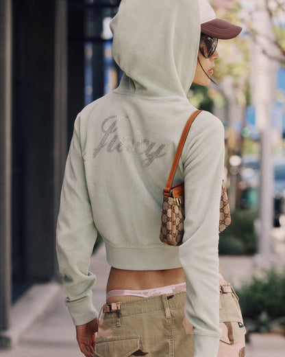 Sporty & Rich Juicy Script Velour Zip Hoodie - Sage