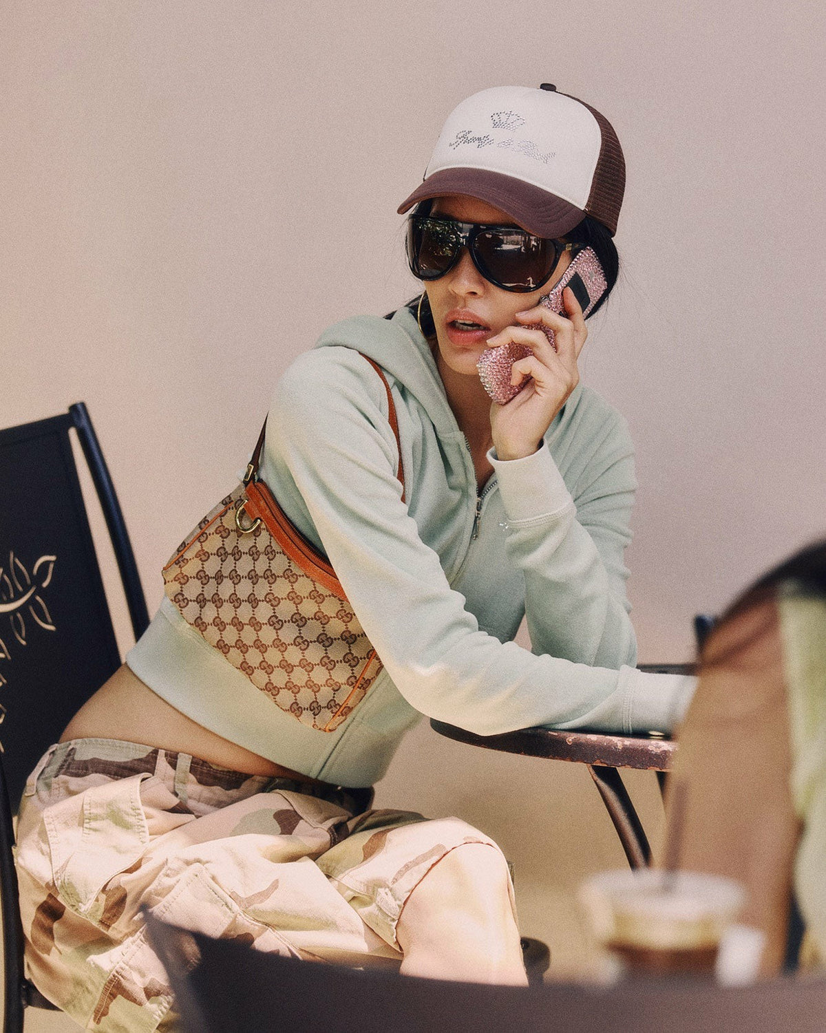 Sporty & Rich Juicy Script Velour Zip Hoodie - Sage