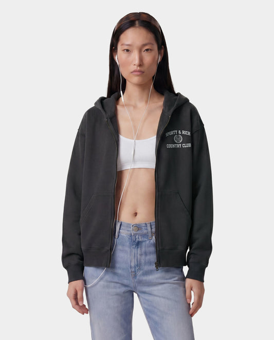 Sporty & Rich Varsity Crest Zip Hoodie - Carbon