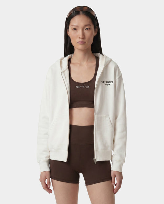 Sporty & Rich SR Sport Embroidered Zip Hoodie - Ecru