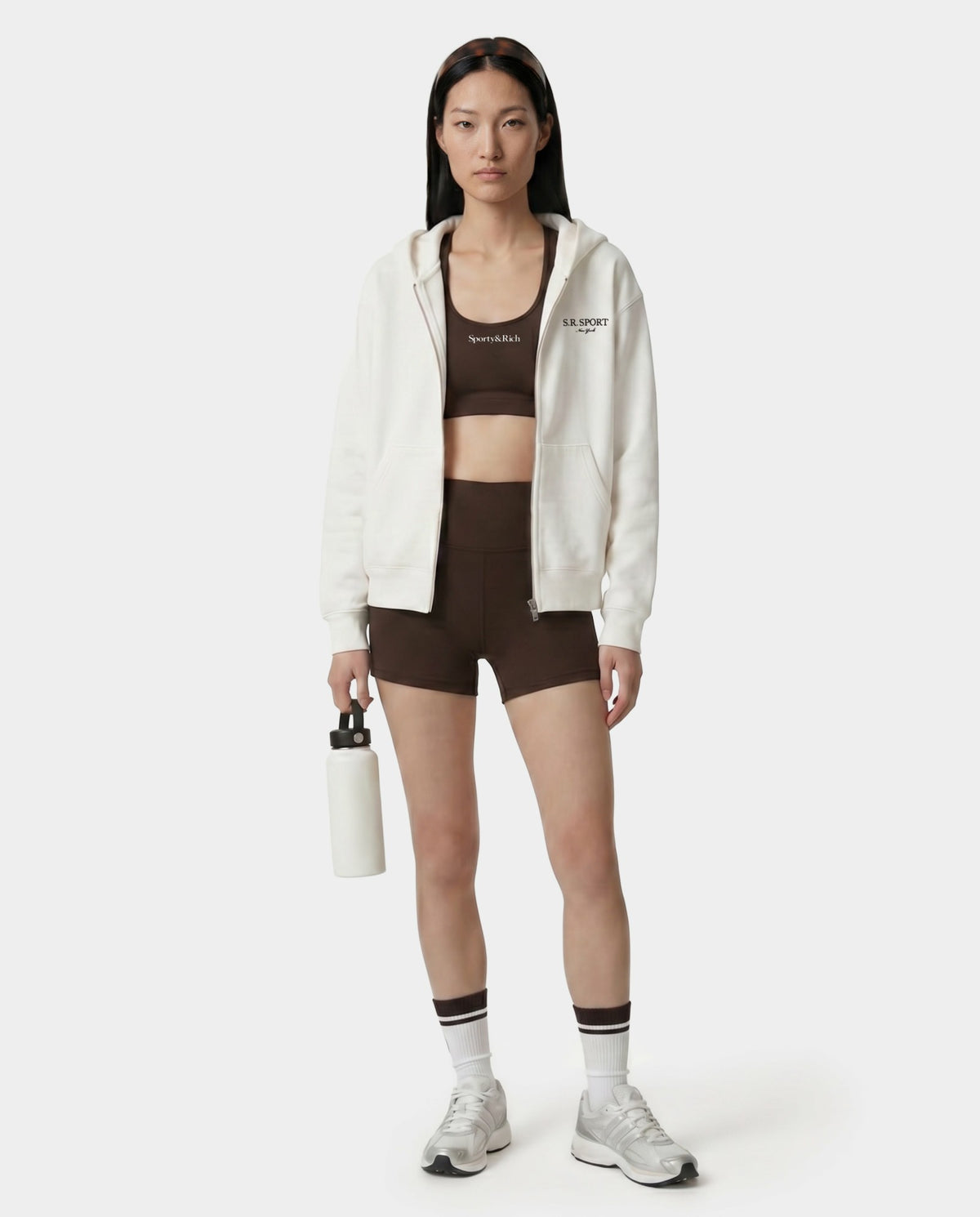 Sporty & Rich SR Sport Embroidered Zip Hoodie - Ecru