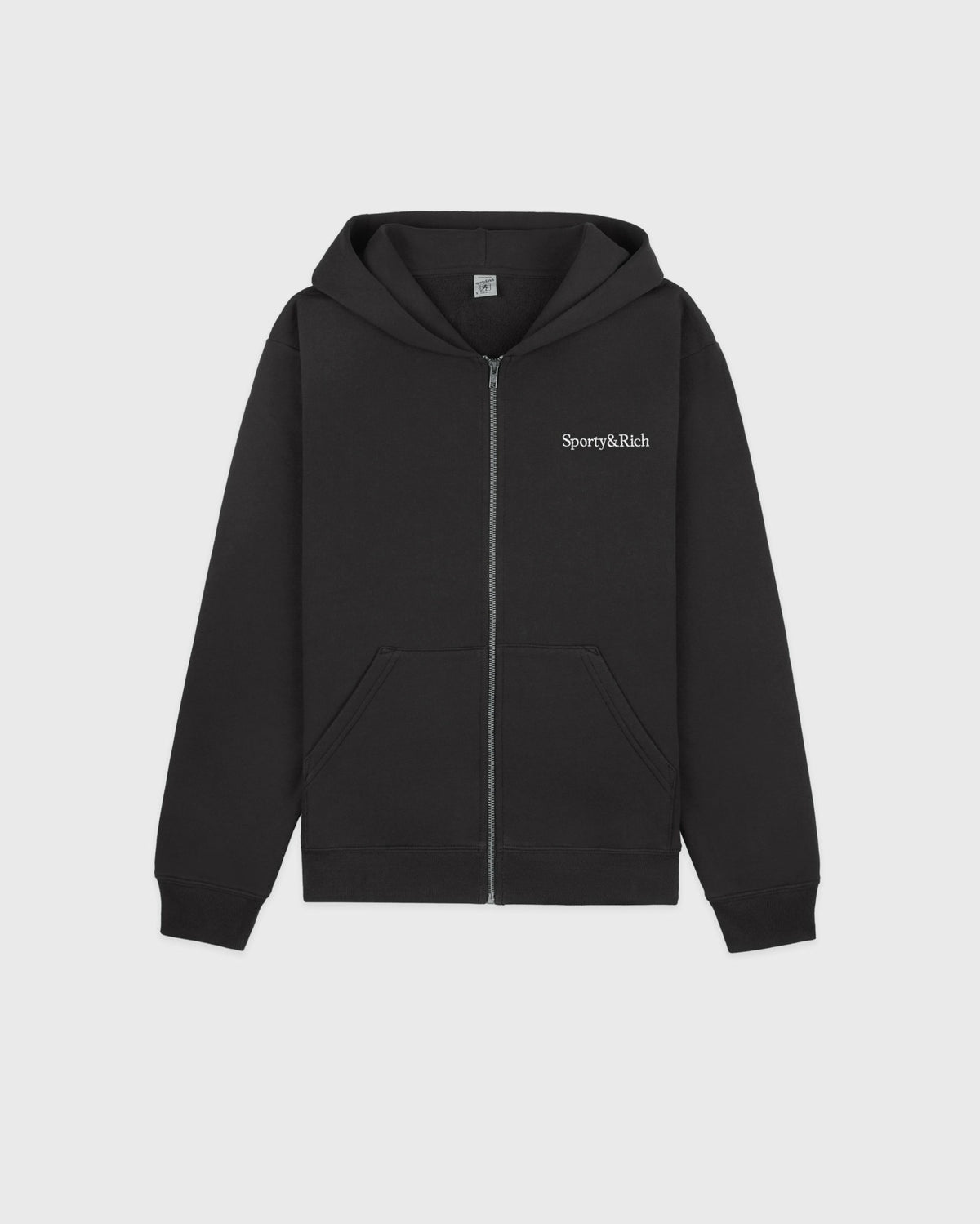 Sporty & Rich Serif Logo Embroidered Zip Hoodie - Faded Black/White
