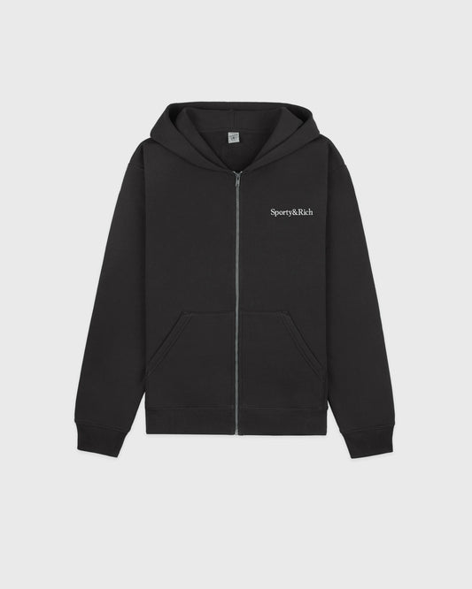 Sporty & Rich Serif Logo Embroidered Zip Hoodie - Faded Black/White