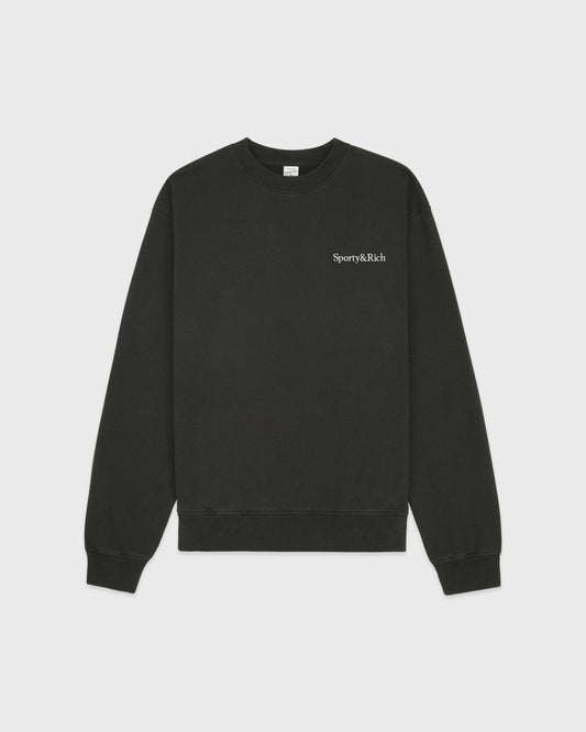 Sporty & Rich Serif Logo Embroidered Crewneck - Faded Black/White