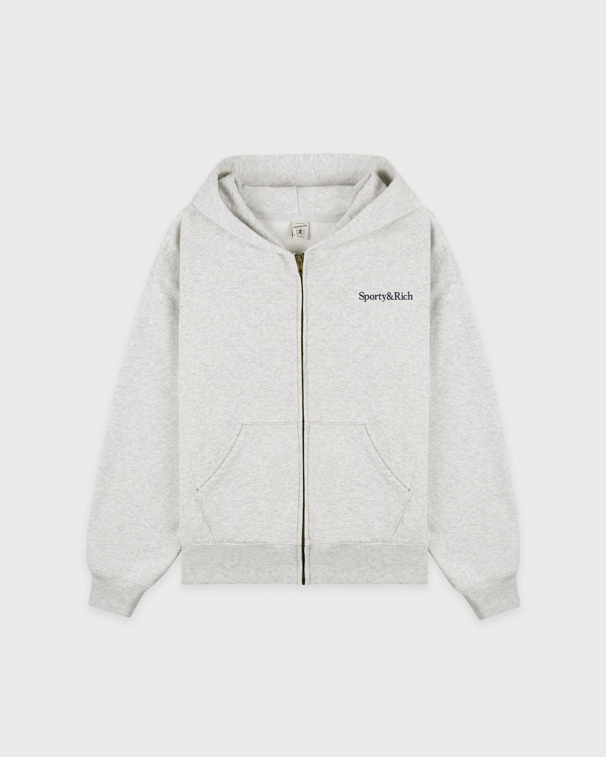 Sporty & Rich Serif Logo Embroidered Zip Hoodie - Heather Gray/Navy