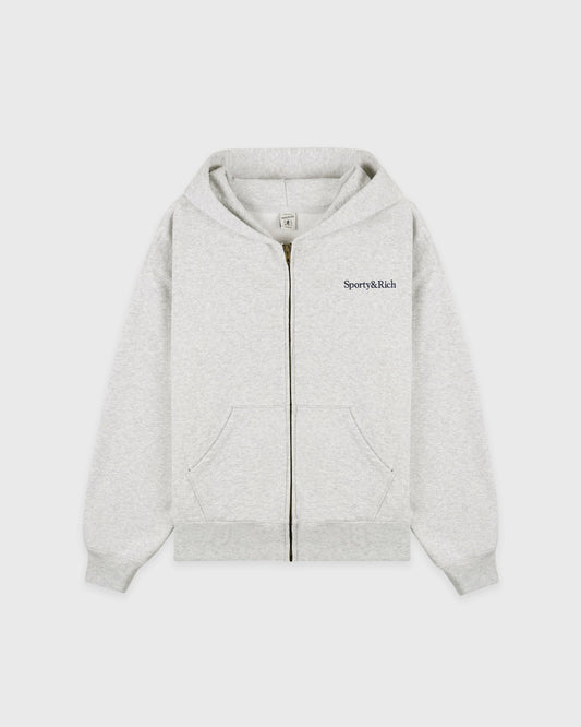 Sporty & Rich Serif Logo Embroidered Zip Hoodie - Heather Gray/Navy