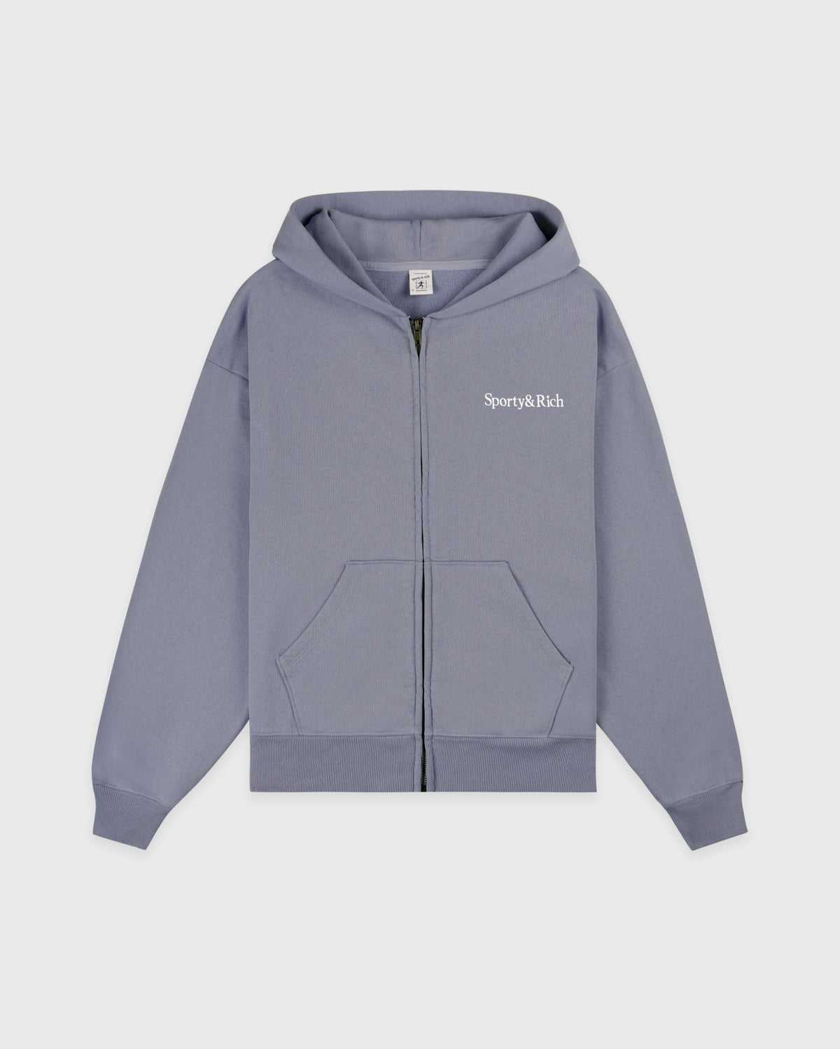 Sporty & Rich Serif Logo Embroidered Zip Hoodie - Faded Indigo/White