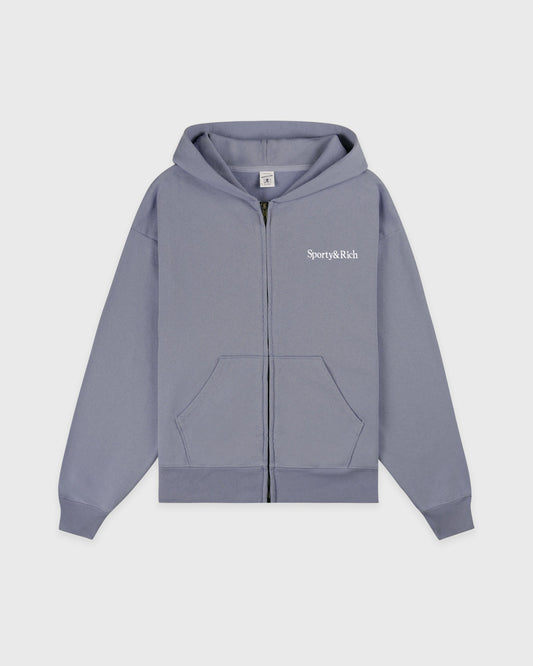 Sporty & Rich Serif Logo Embroidered Zip Hoodie - Faded Indigo/White