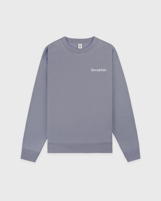 Sporty & Rich Serif Logo Embroidered Crewneck - Faded Indigo/White