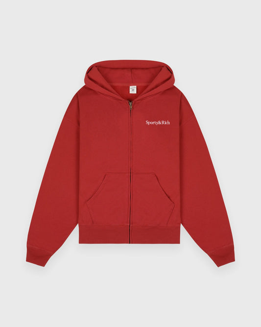 Sporty & Rich Serif Logo Embroidered Zip Hoodie - Faded Merlot/White
