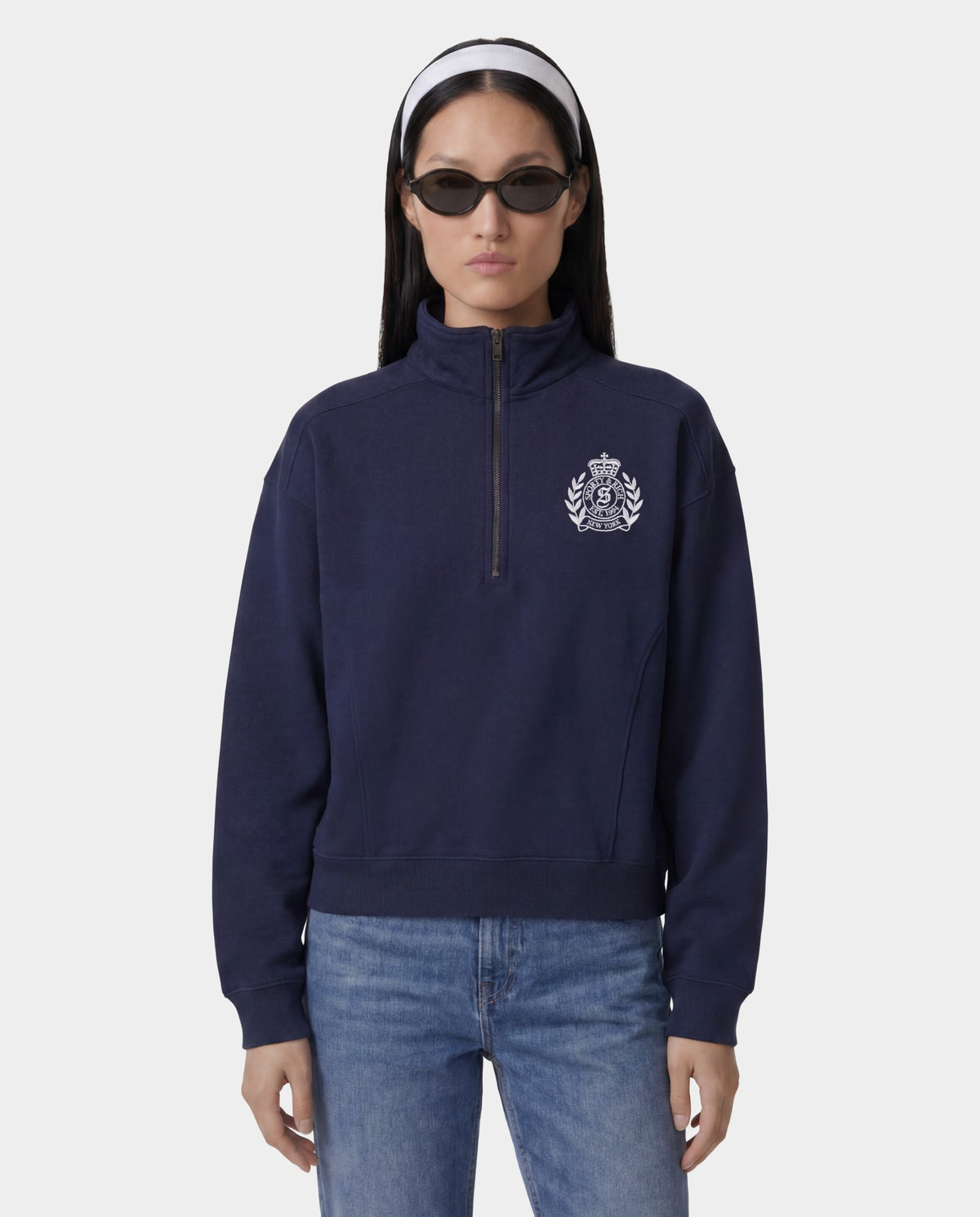 Sporty & Rich NY Crest Embroidered Quarter Zip - Dark Navy