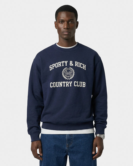 Sporty & Rich Varsity Crest Crewneck - Navy/White