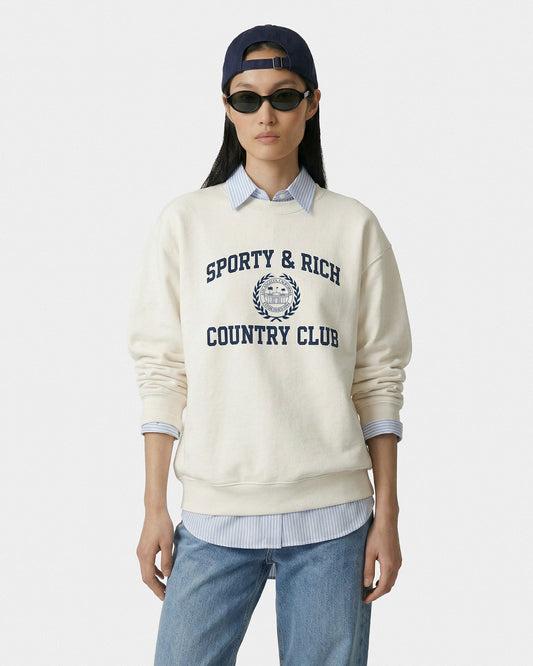 Sporty & Rich Varsity Crest Crewneck - Ecru/Navy