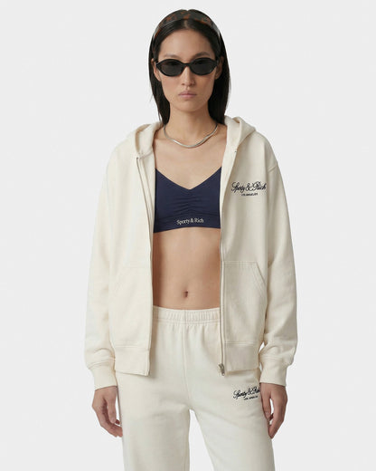 Sporty & Rich Vendome LA Embroidered Zip Hoodie - Ecru/Navy