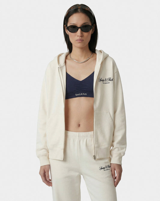 Sporty & Rich Vendome LA Embroidered Zip Hoodie - Ecru/Navy