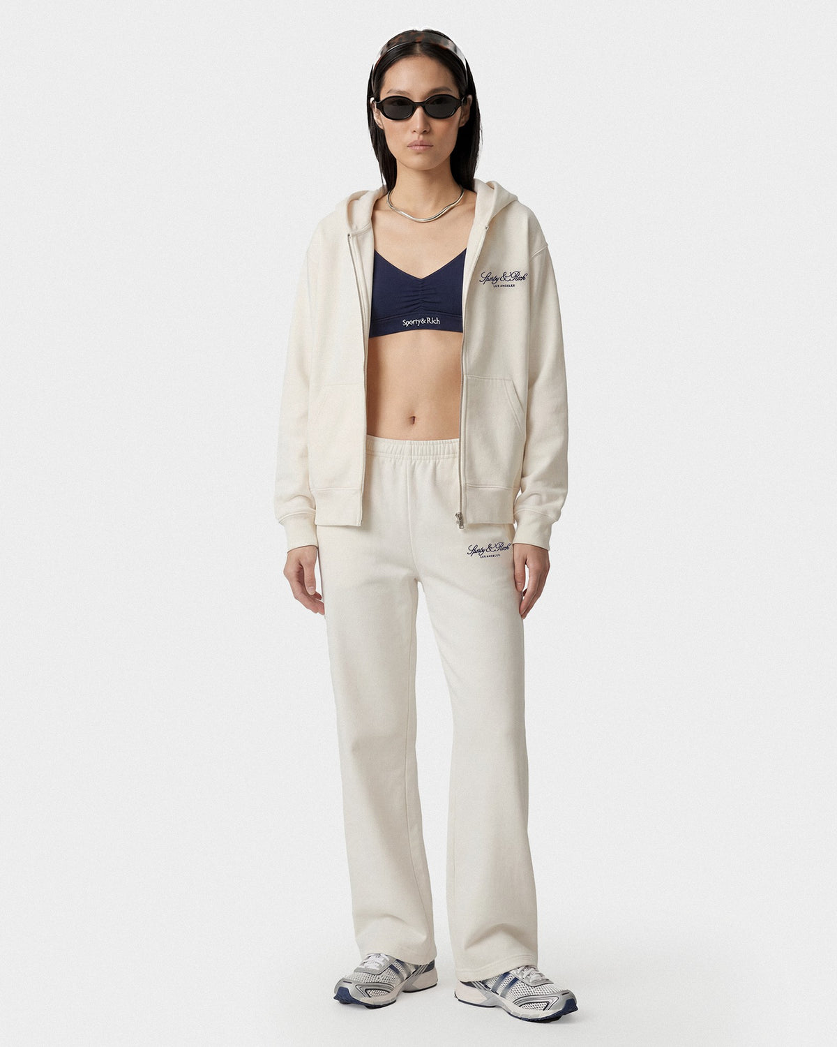 Sporty & Rich Vendome LA Embroidered Zip Hoodie - Ecru/Navy