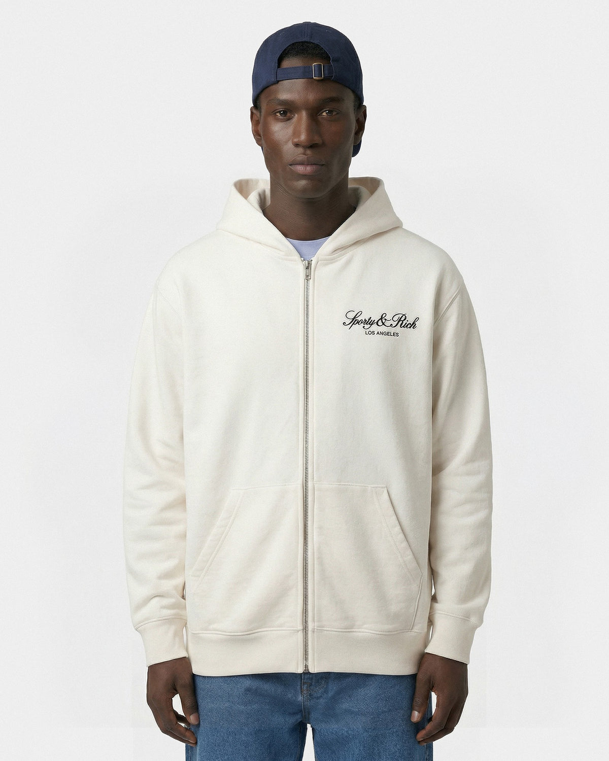 Sporty & Rich Vendome LA Embroidered Zip Hoodie - Ecru/Navy