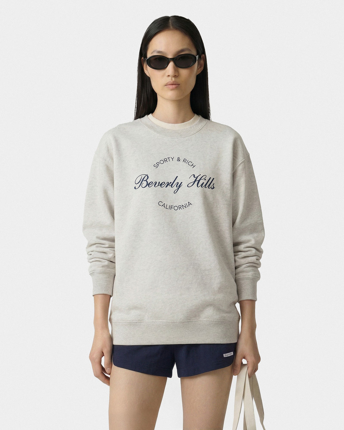 Sporty & Rich Beverly Script Crewneck - Heather Gray/Navy