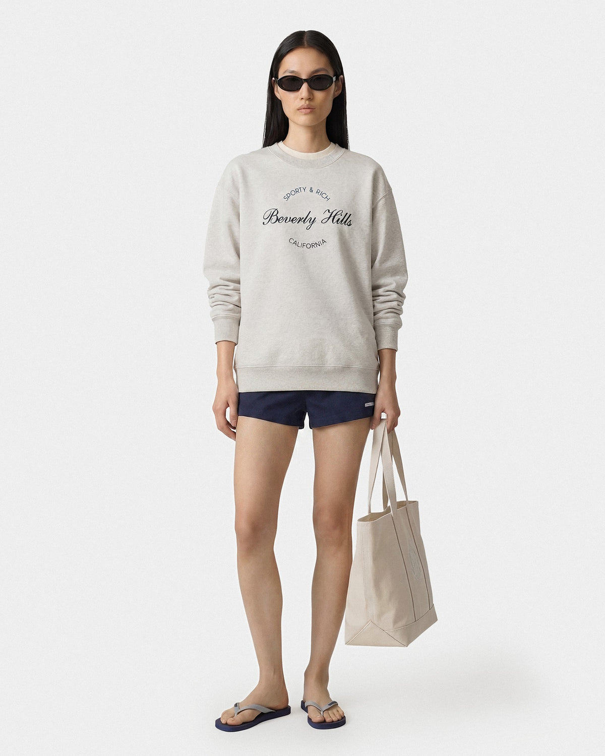 Sporty & Rich Beverly Script Crewneck - Heather Gray/Navy