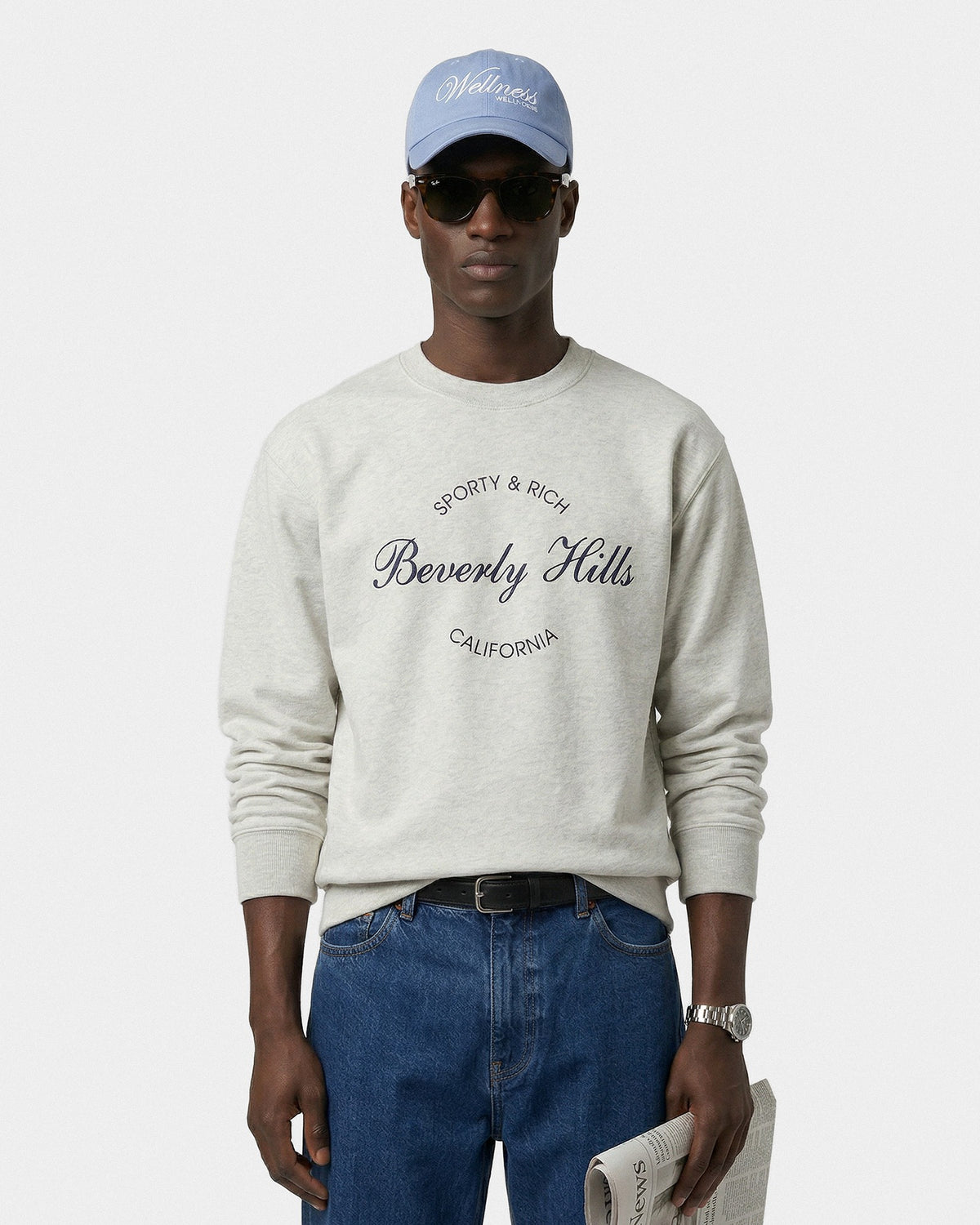 Sporty & Rich Beverly Script Crewneck - Heather Gray/Navy