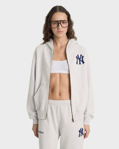 Sporty & Rich Heritage Yankees Serif Zip Hoodie - Heather Gray/Navy