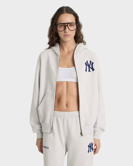 Sporty & Rich Heritage Yankees Serif Zip Hoodie - Heather Gray/Navy