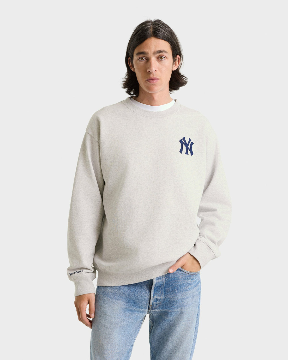 Sporty & Rich Heritage Yankees Serif Crewneck - Heather Gray/Navy