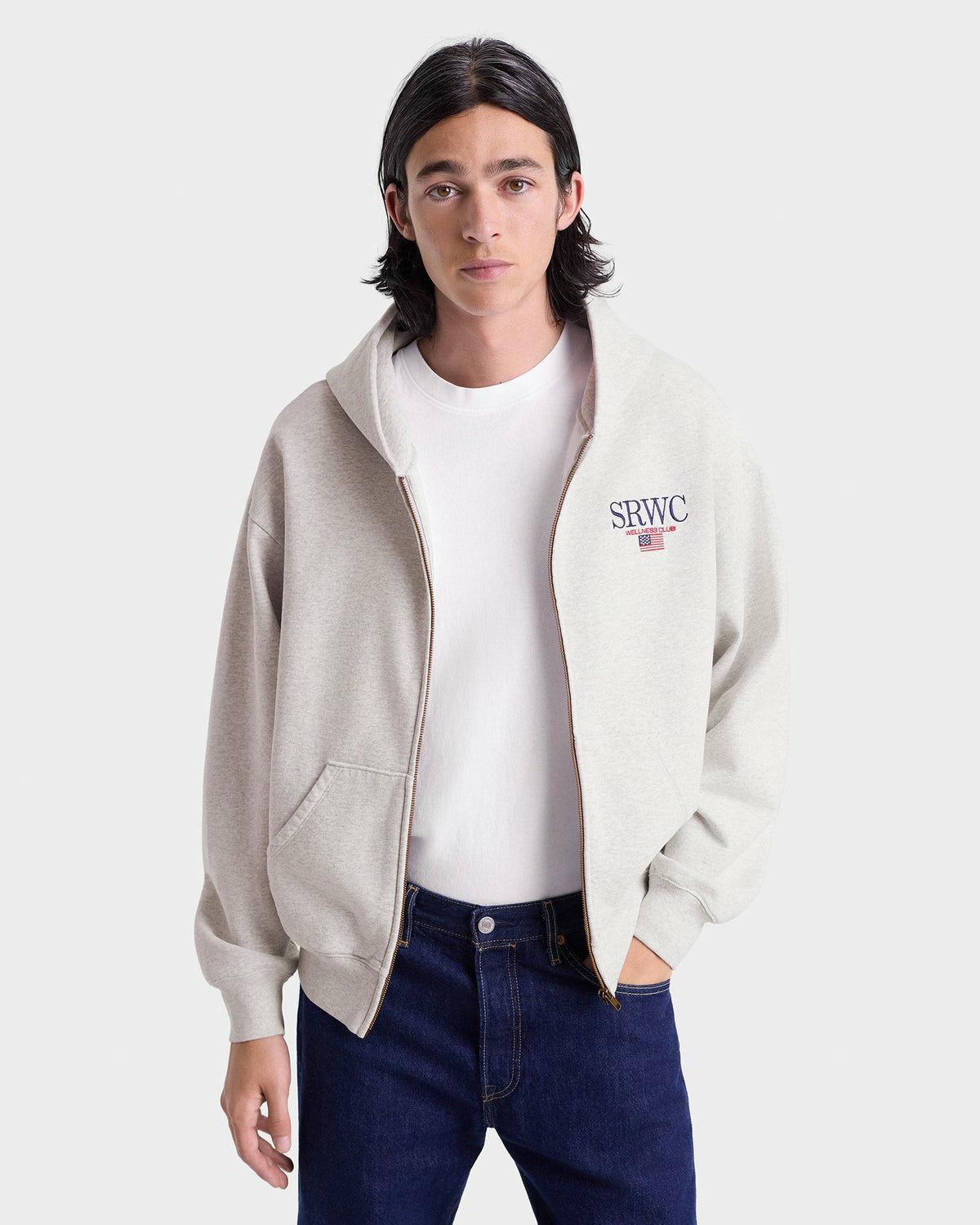 Sporty & Rich Nautical Embroidered Zip Hoodie - Heather Gray/Navy