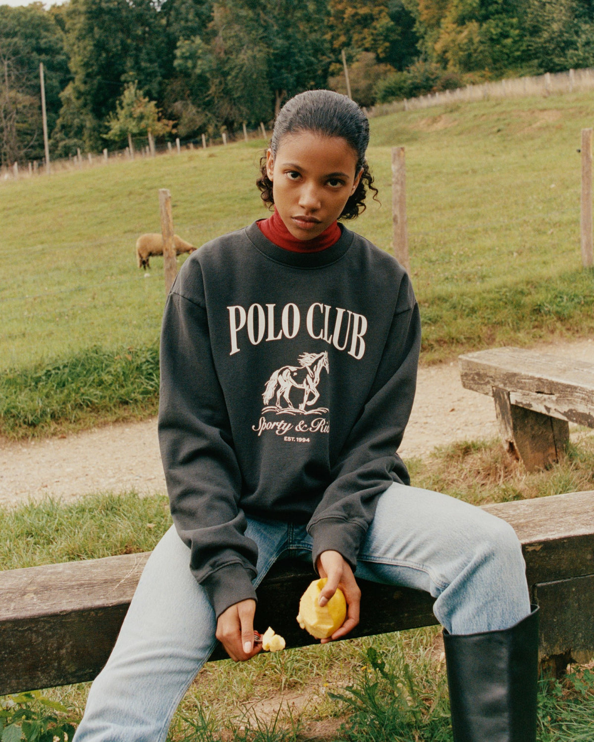 Sporty & Rich Stallion Crewneck - Faded Black/White