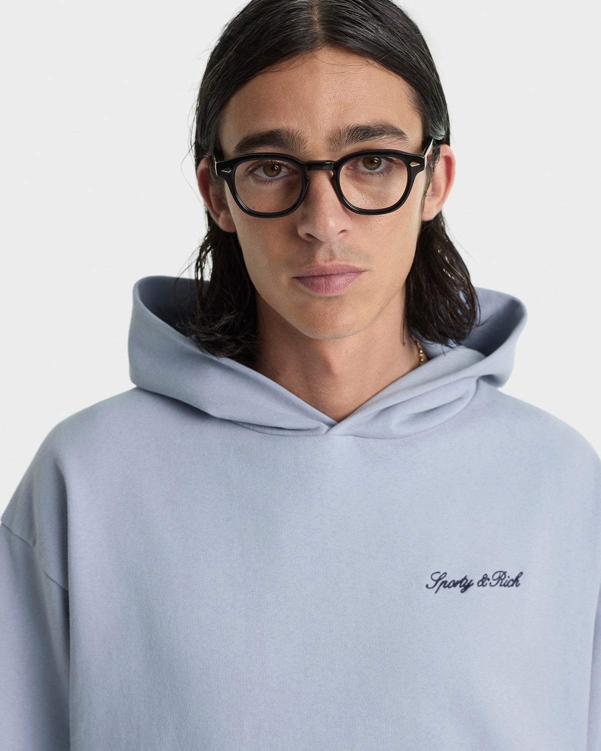 Sporty & Rich Signature Logo Embroidered Hoodie - Faded Blue/Navy