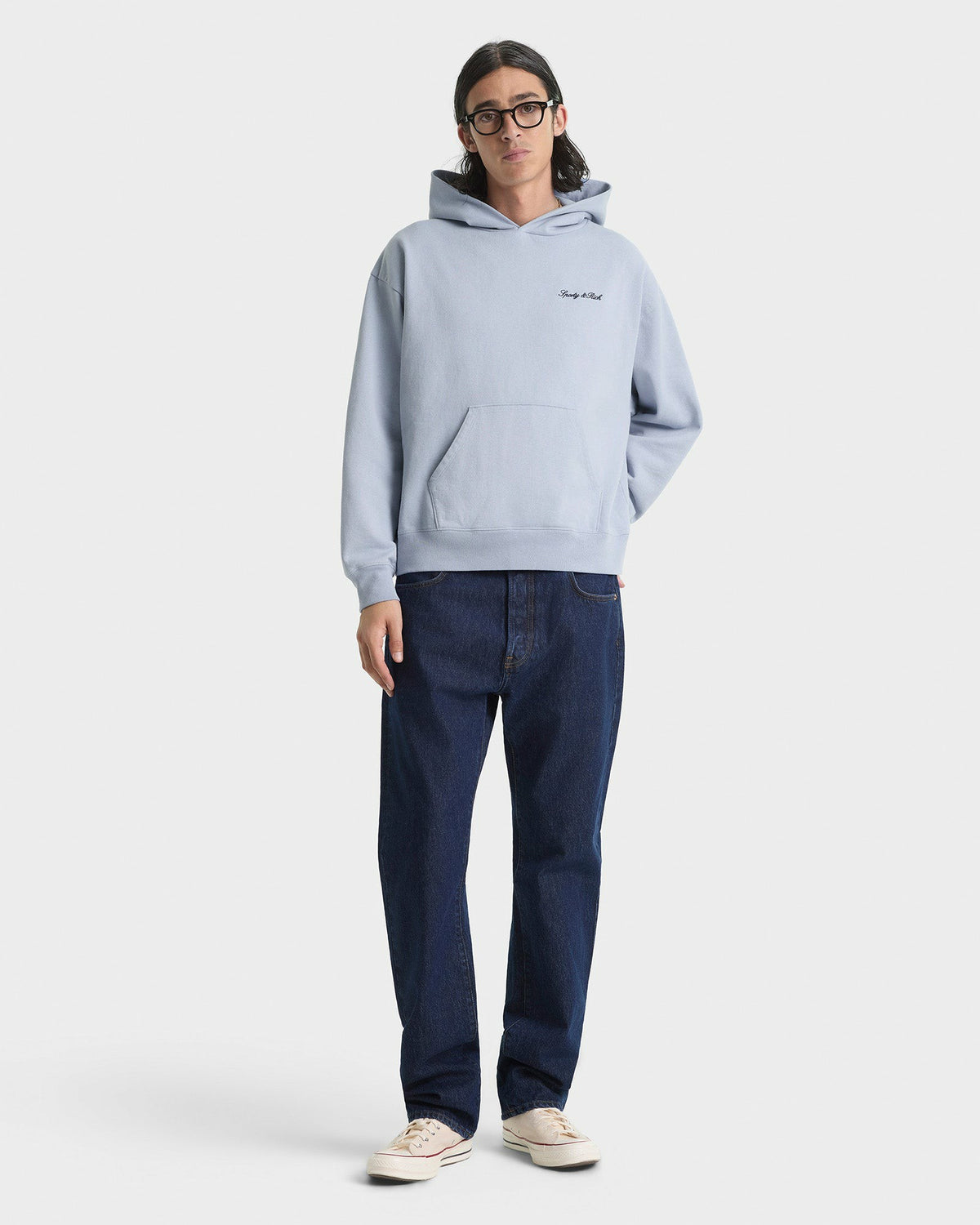 Sporty & Rich Signature Logo Embroidered Hoodie - Faded Blue/Navy