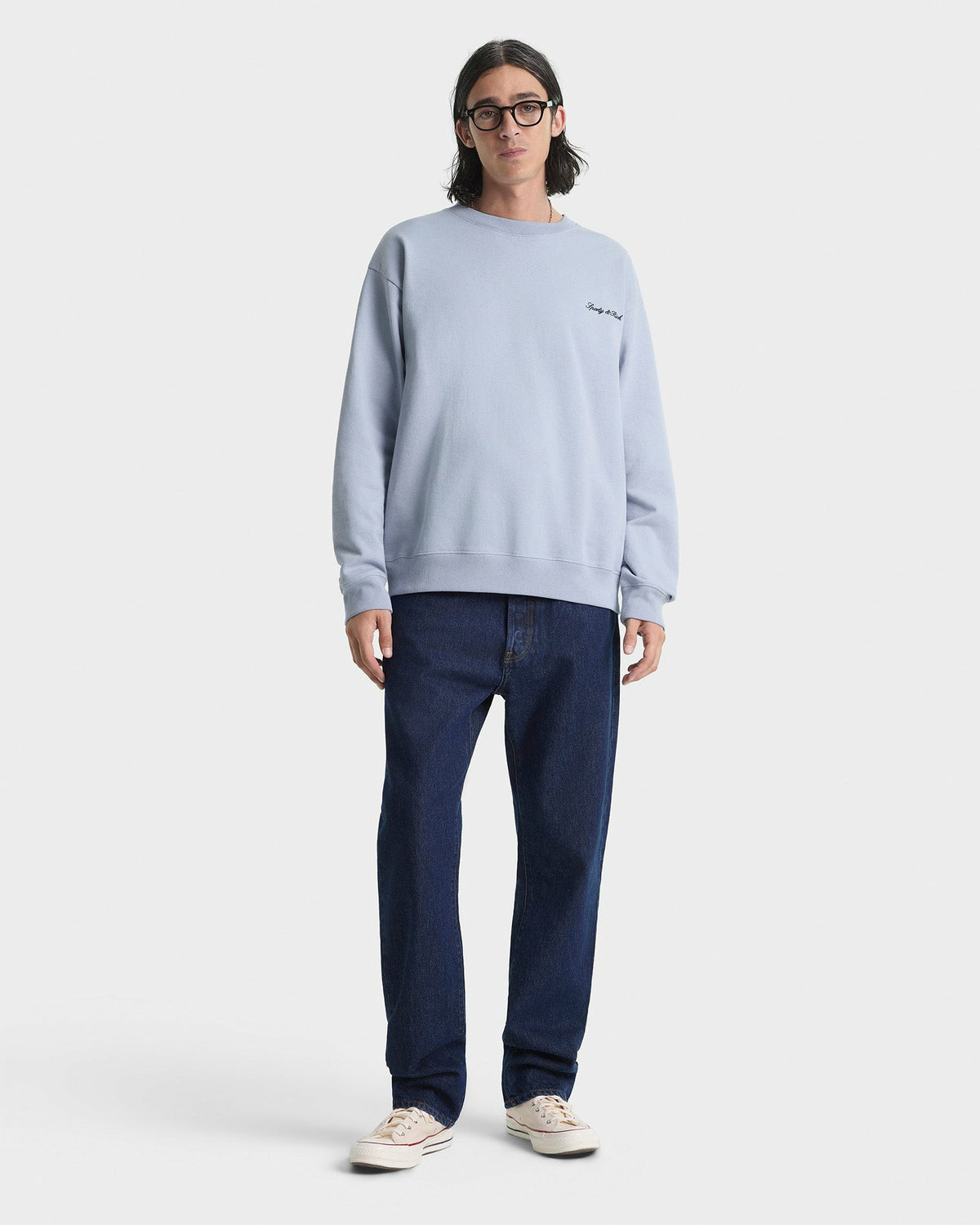Sporty & Rich Signature Logo Embroidered Crewneck - Faded Blue/Navy