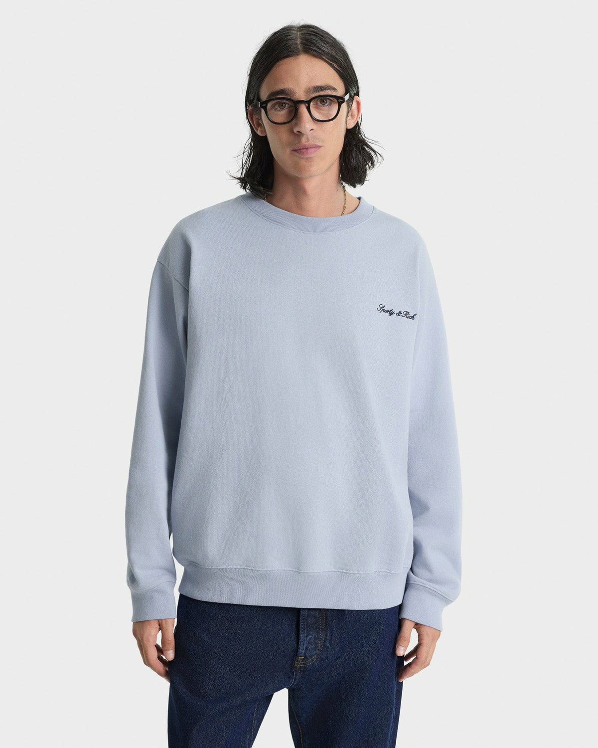 Sporty & Rich Signature Logo Embroidered Crewneck - Faded Blue/Navy