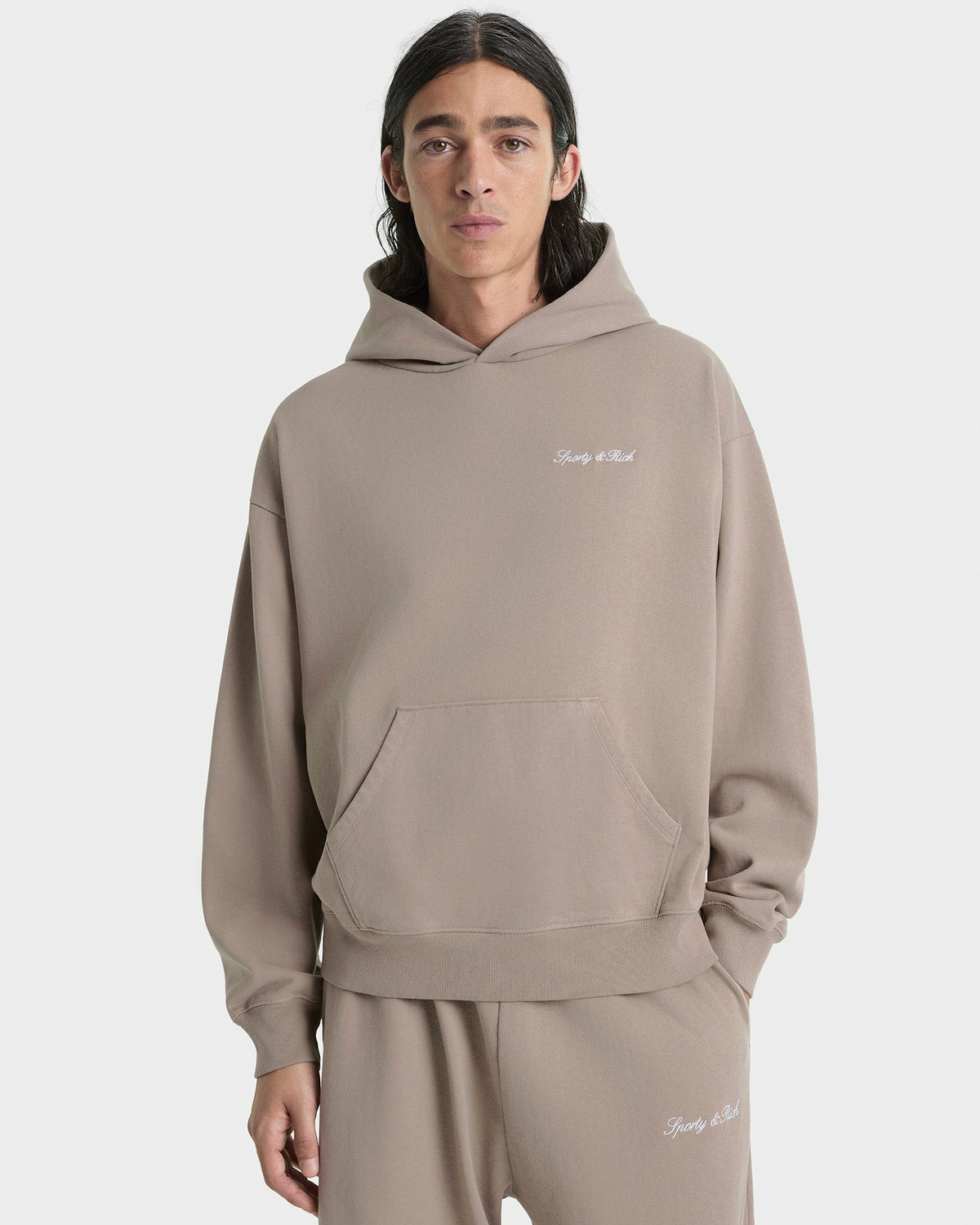 Sporty & Rich Signature Logo Embroidered Hoodie - Hazelnut/White