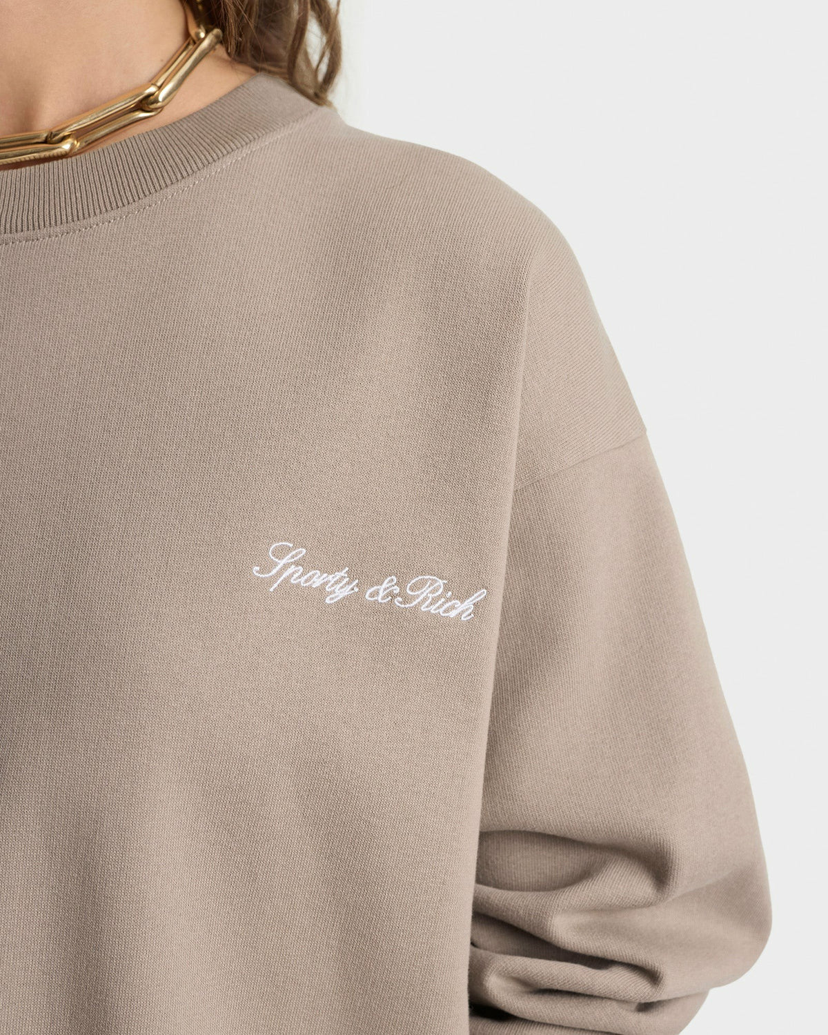 Sporty & Rich Signature Logo Embroidered Crewneck - Hazelnut/White