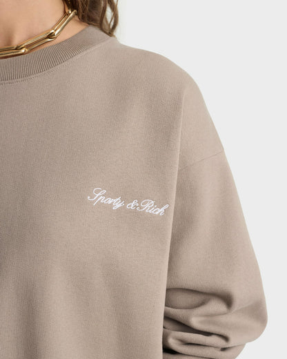 Sporty & Rich Signature Logo Embroidered Crewneck - Hazelnut/White
