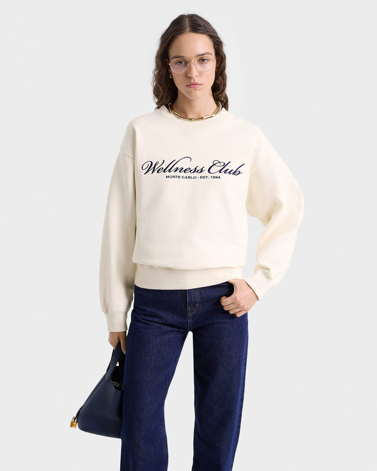 Sporty & Rich Wellness Club Embroidered Crewneck - Cream/Navy