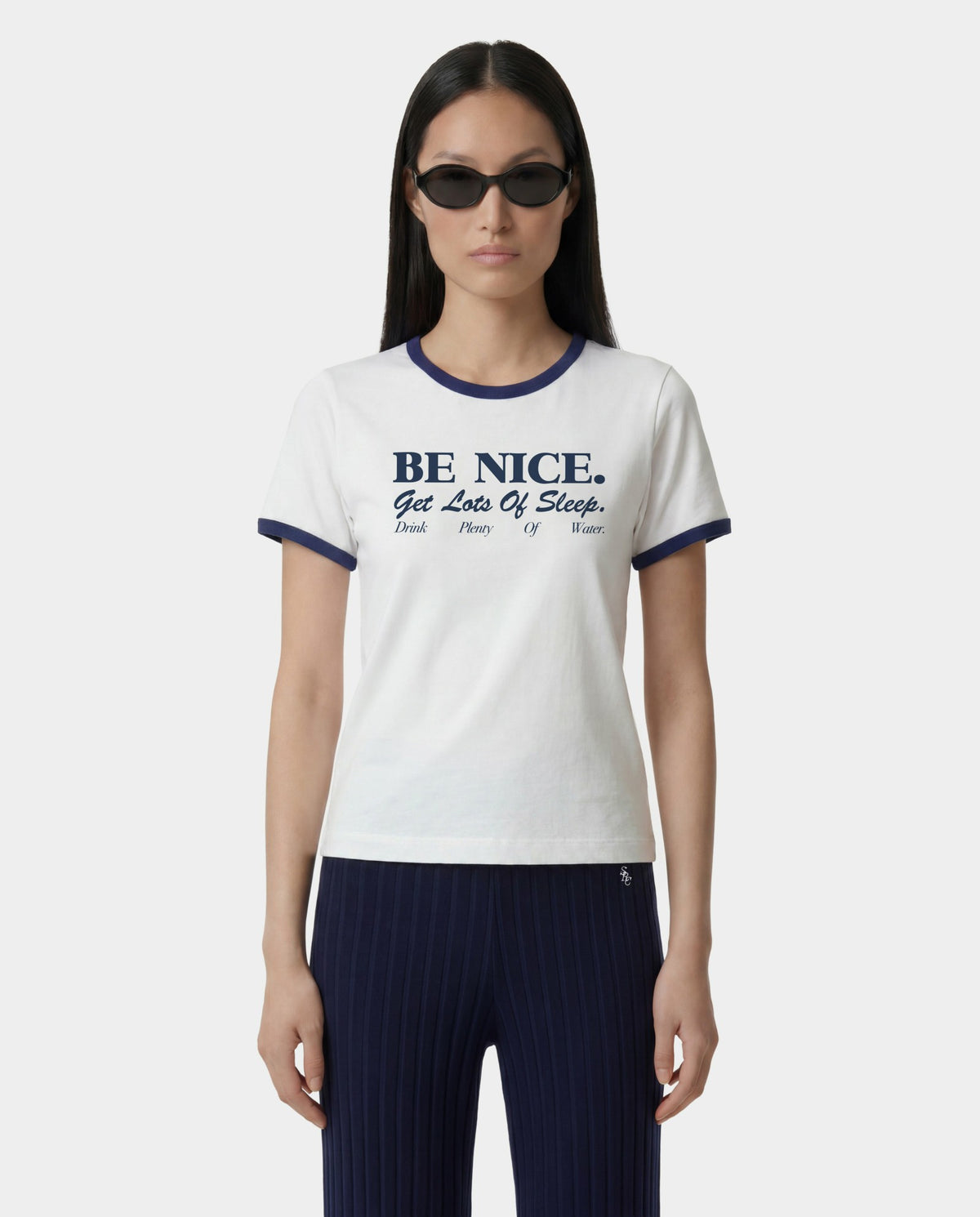 Sporty & Rich Be Nice Soft Ringer Tee - White/Light Navy