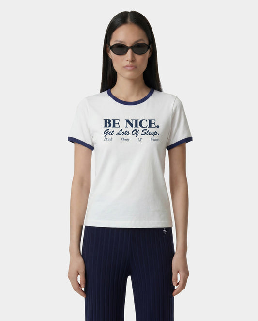 Sporty & Rich Be Nice Soft Ringer Tee - White/Light Navy