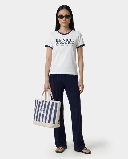 Sporty & Rich Be Nice Soft Ringer Tee - White/Light Navy