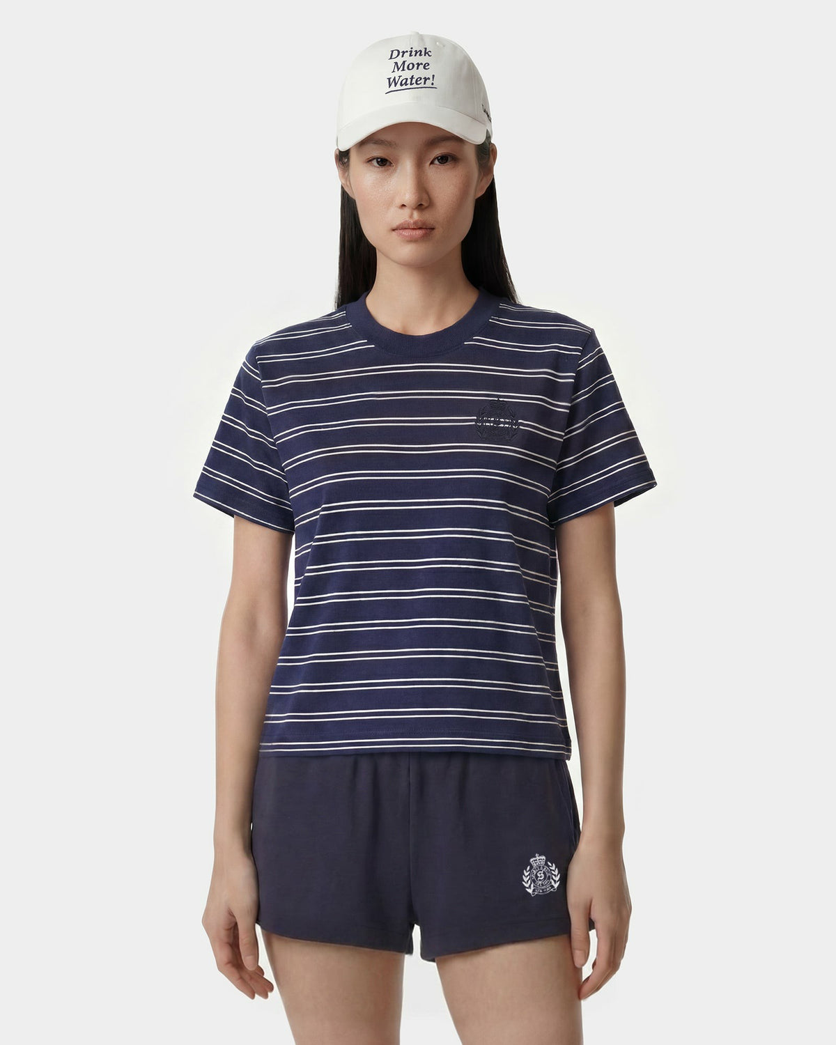 Sporty & Rich NY Crest T-Shirt - Light Navy Striped/Light Navy