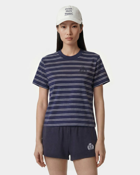 Sporty & Rich NY Crest T-Shirt - Light Navy Striped/Light Navy
