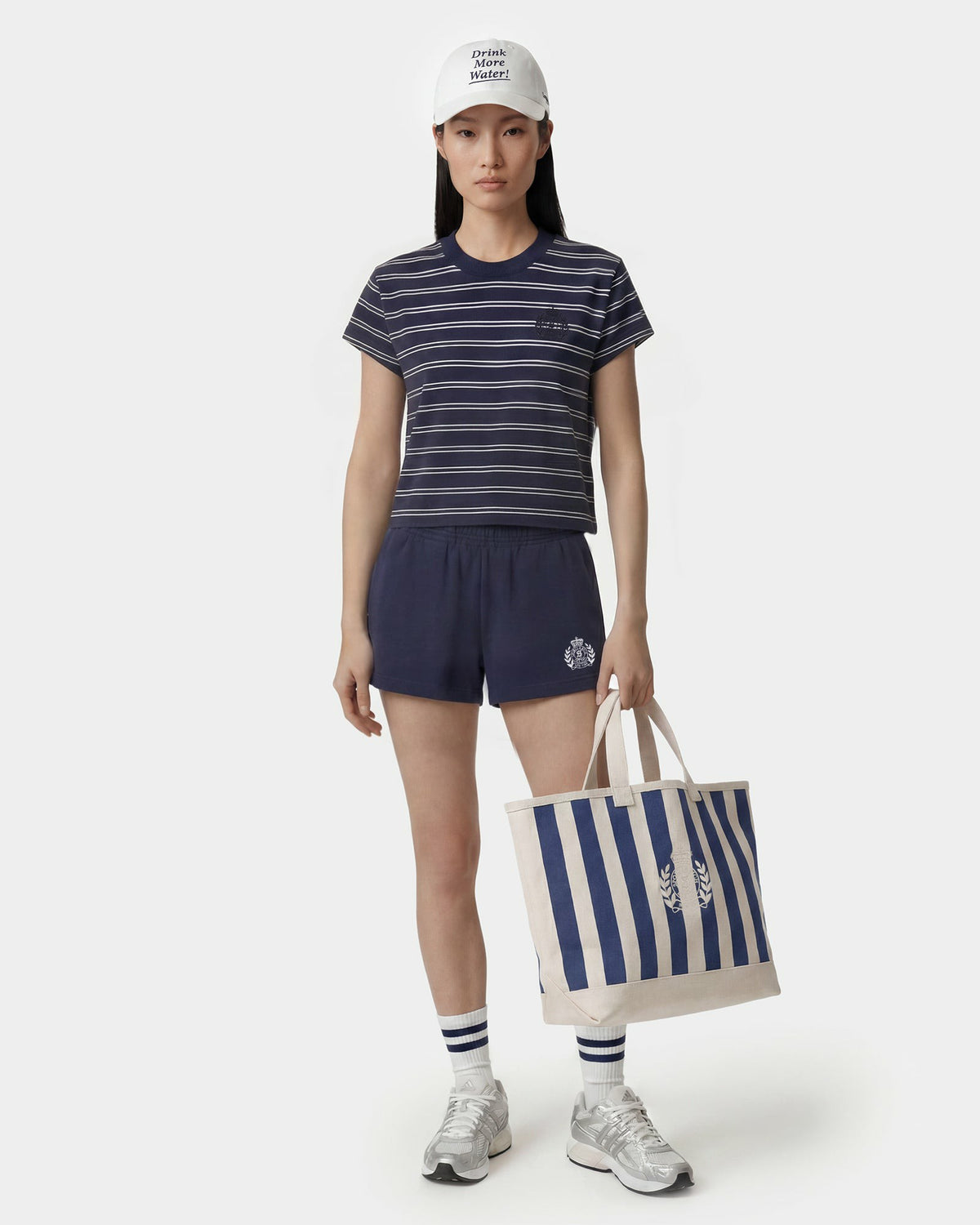 Sporty & Rich NY Crest T-Shirt - Light Navy Striped/Light Navy